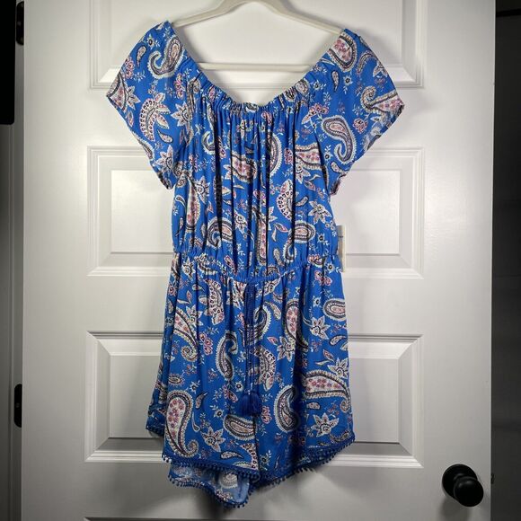 Bebop Blue Paisley Romper Jumper Shortalls Size XL NWT Off Shoulder Shorts - Picture 3 of 10